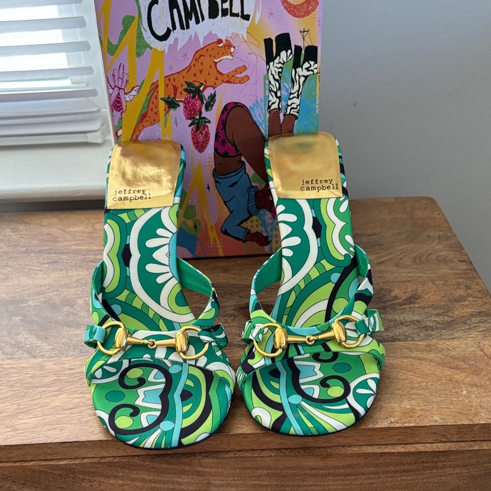 Jeffrey Campbell Vibrant Green and Gold Sandals